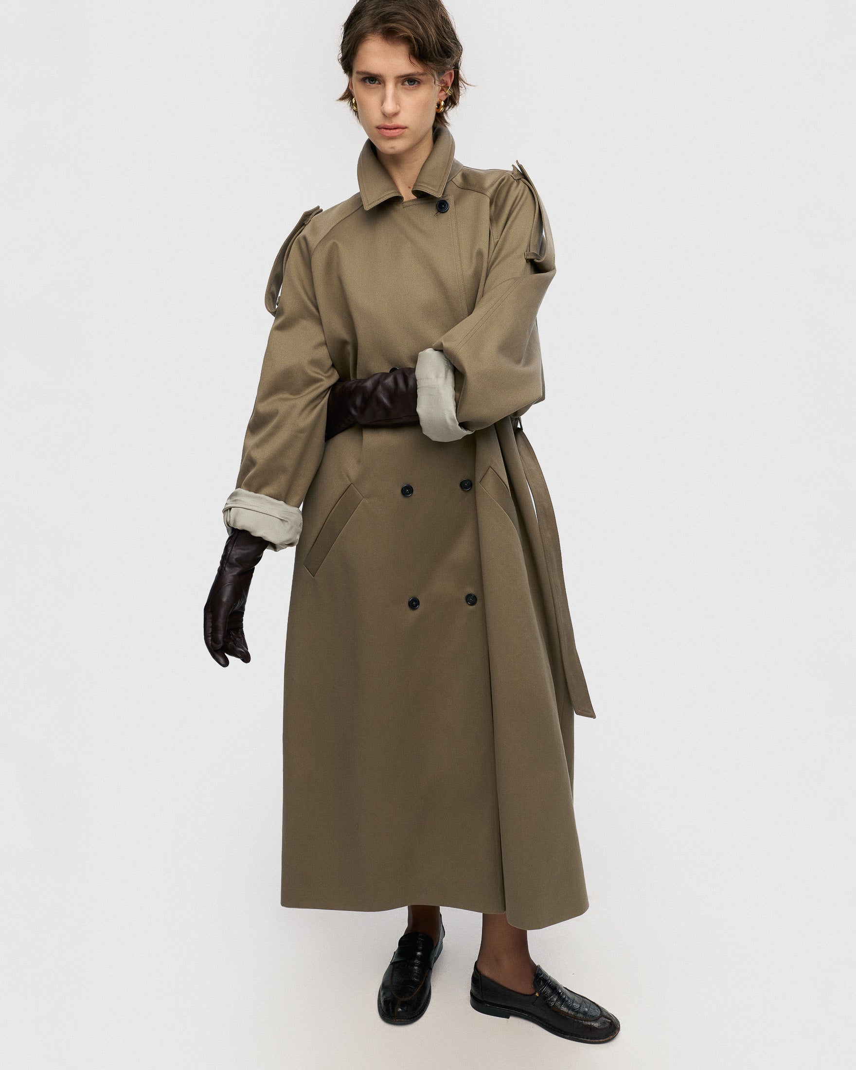 Dusty olive double-breasted trench coat