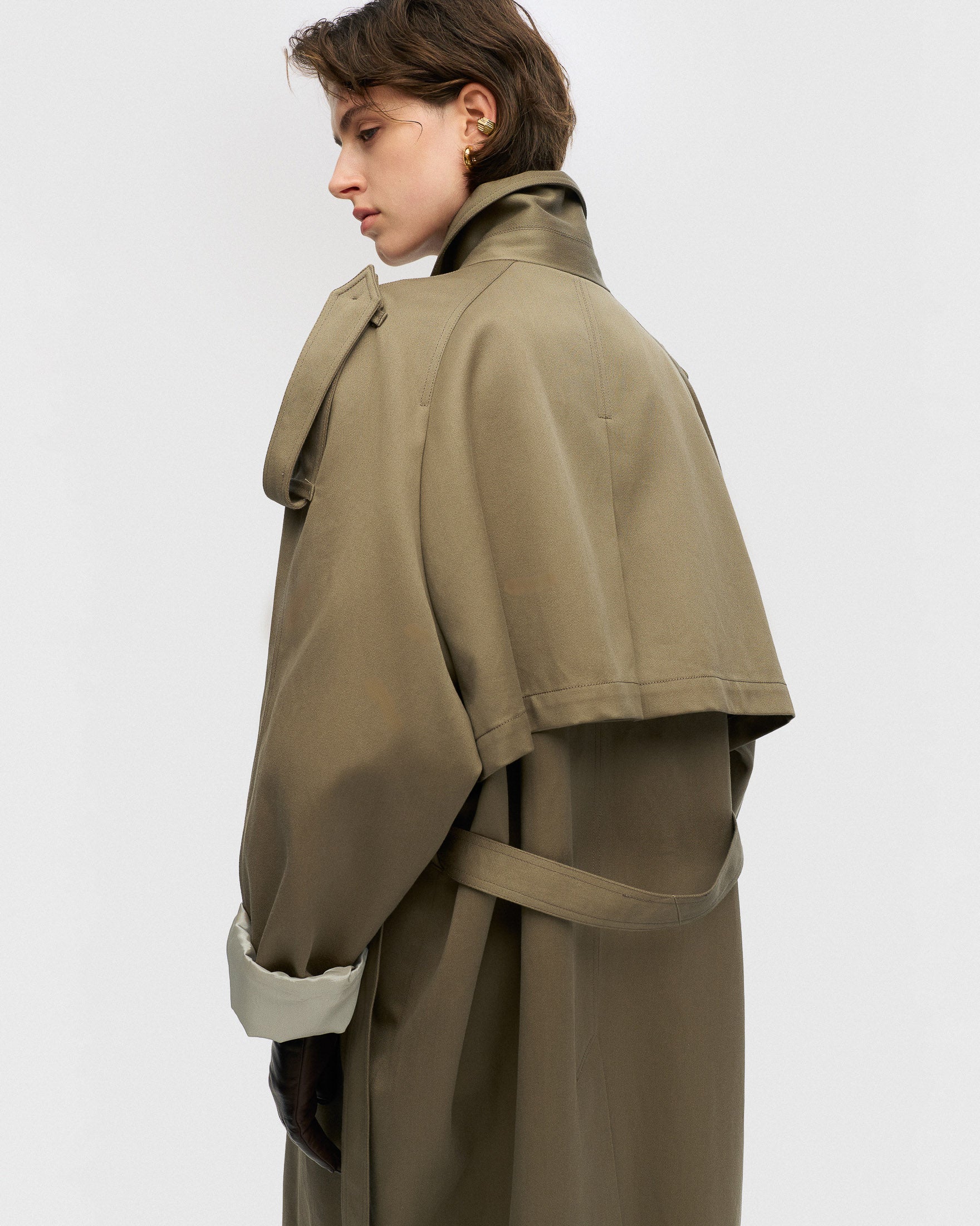 Dusty olive double-breasted trench coat