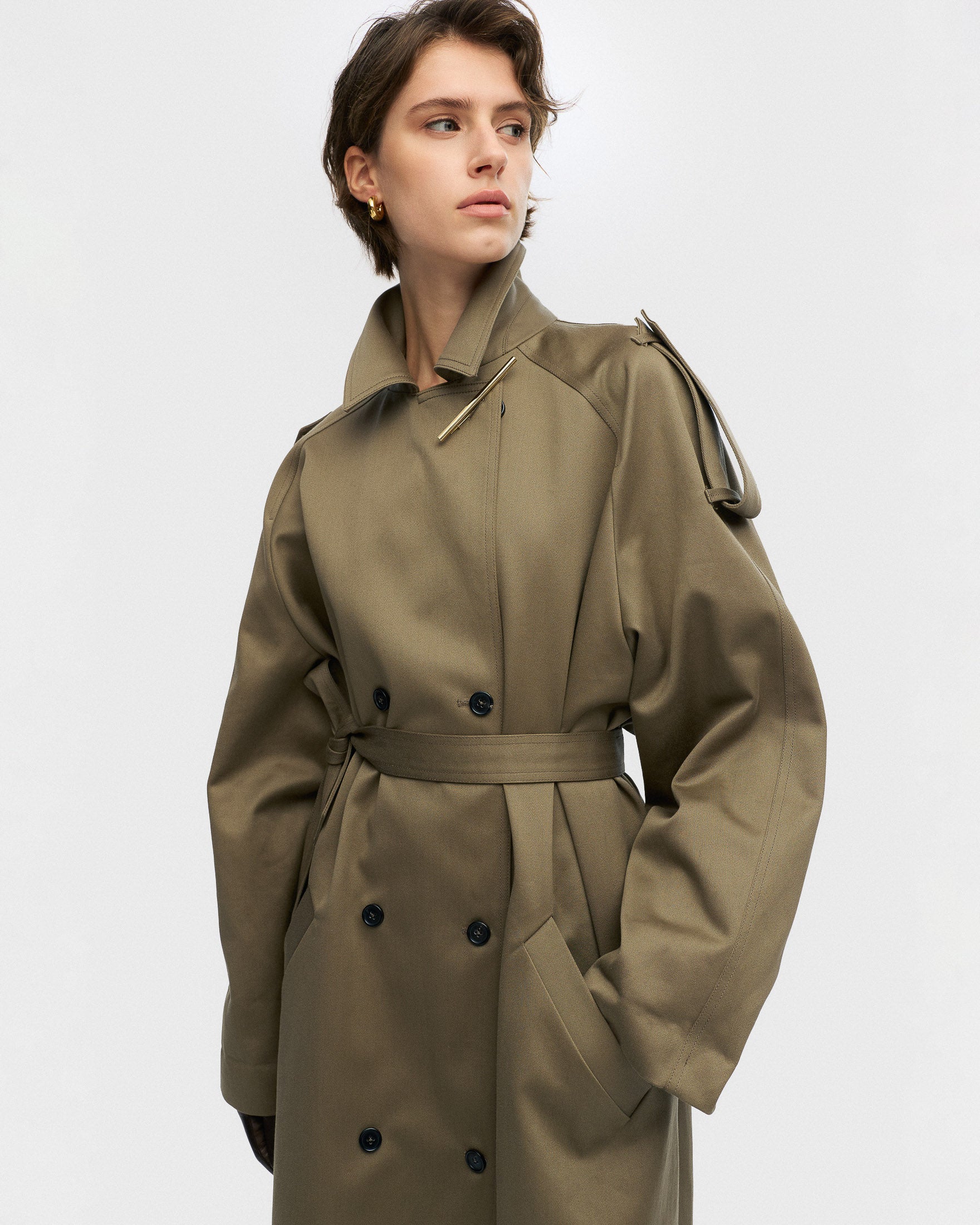 Dusty olive double-breasted trench coat