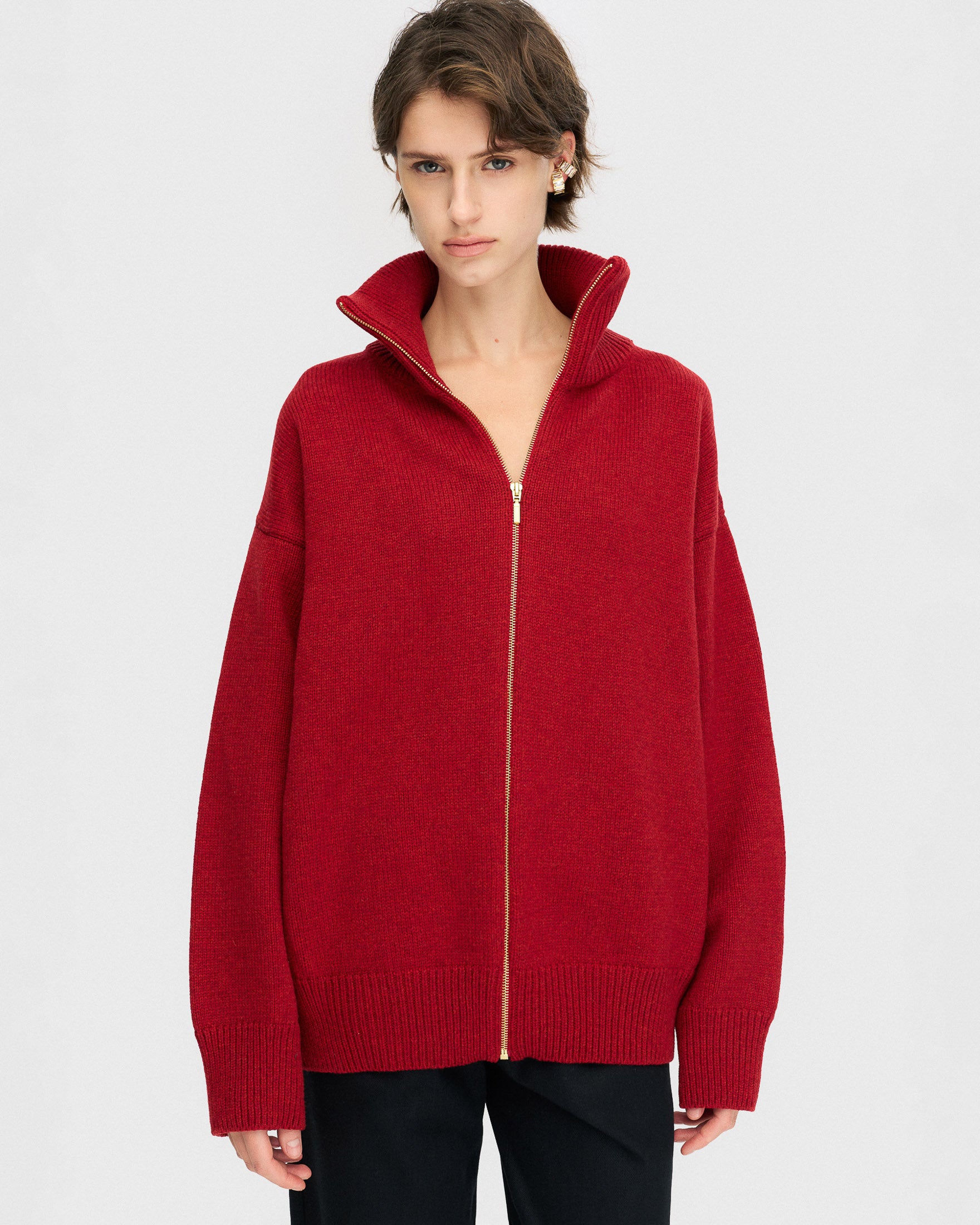 Deep red zip-up sweater