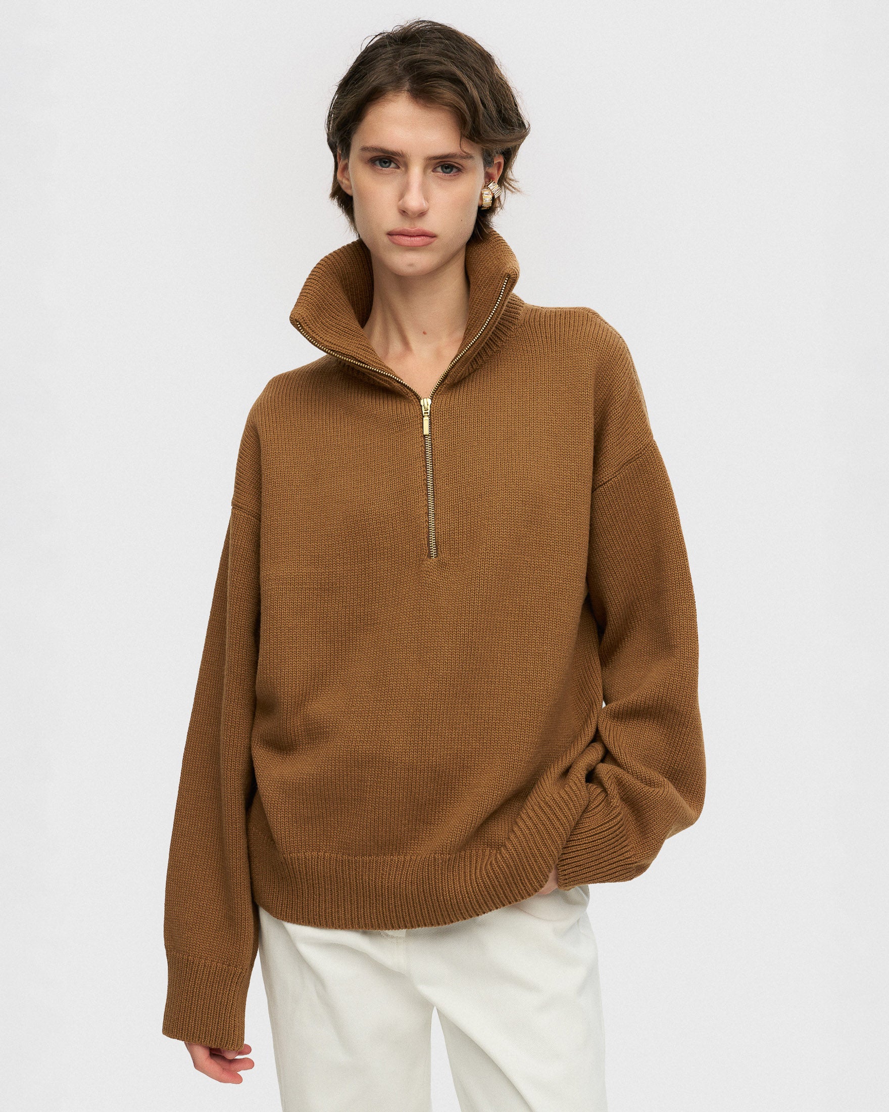 Camel half-zip sweater