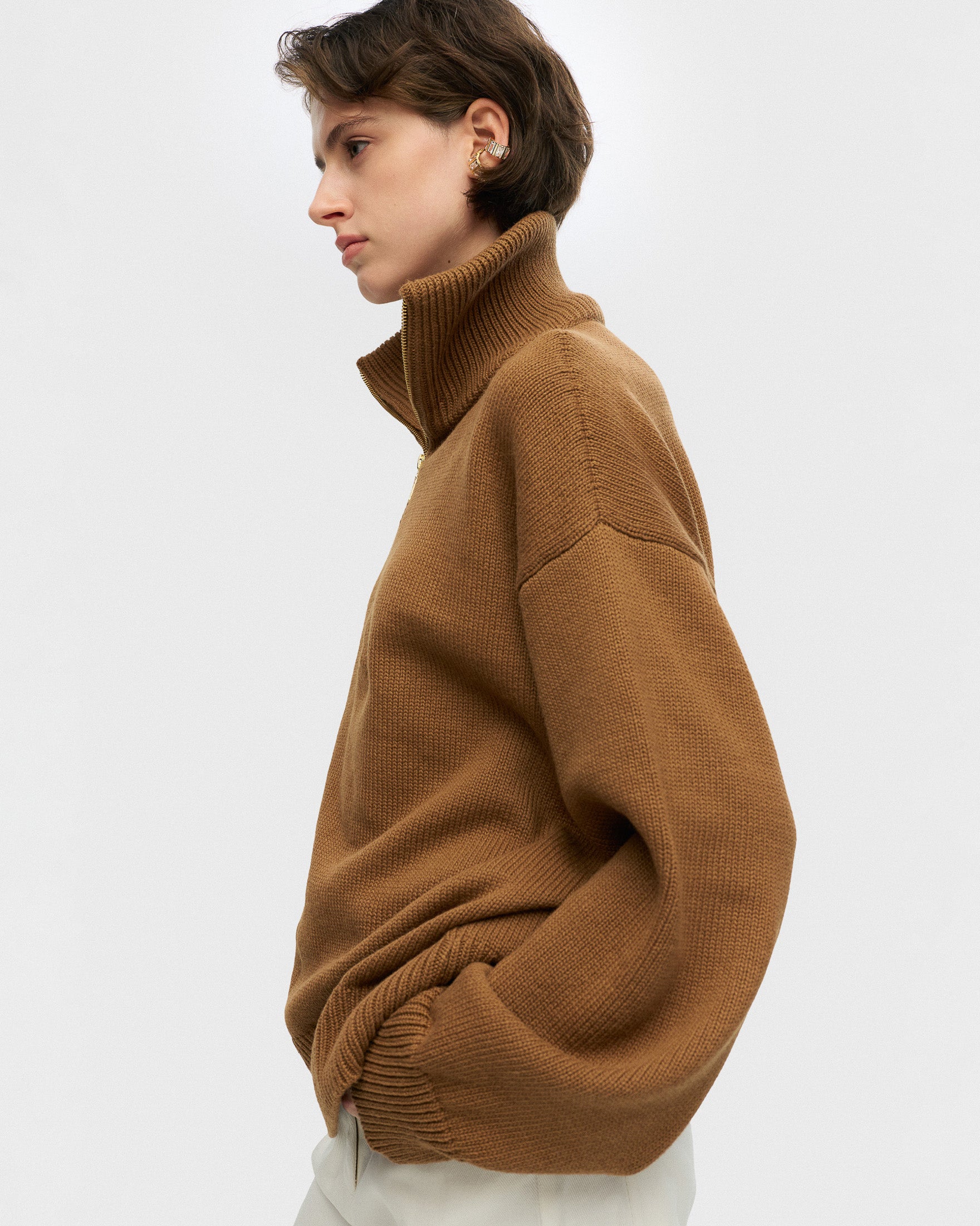 Camel half-zip sweater