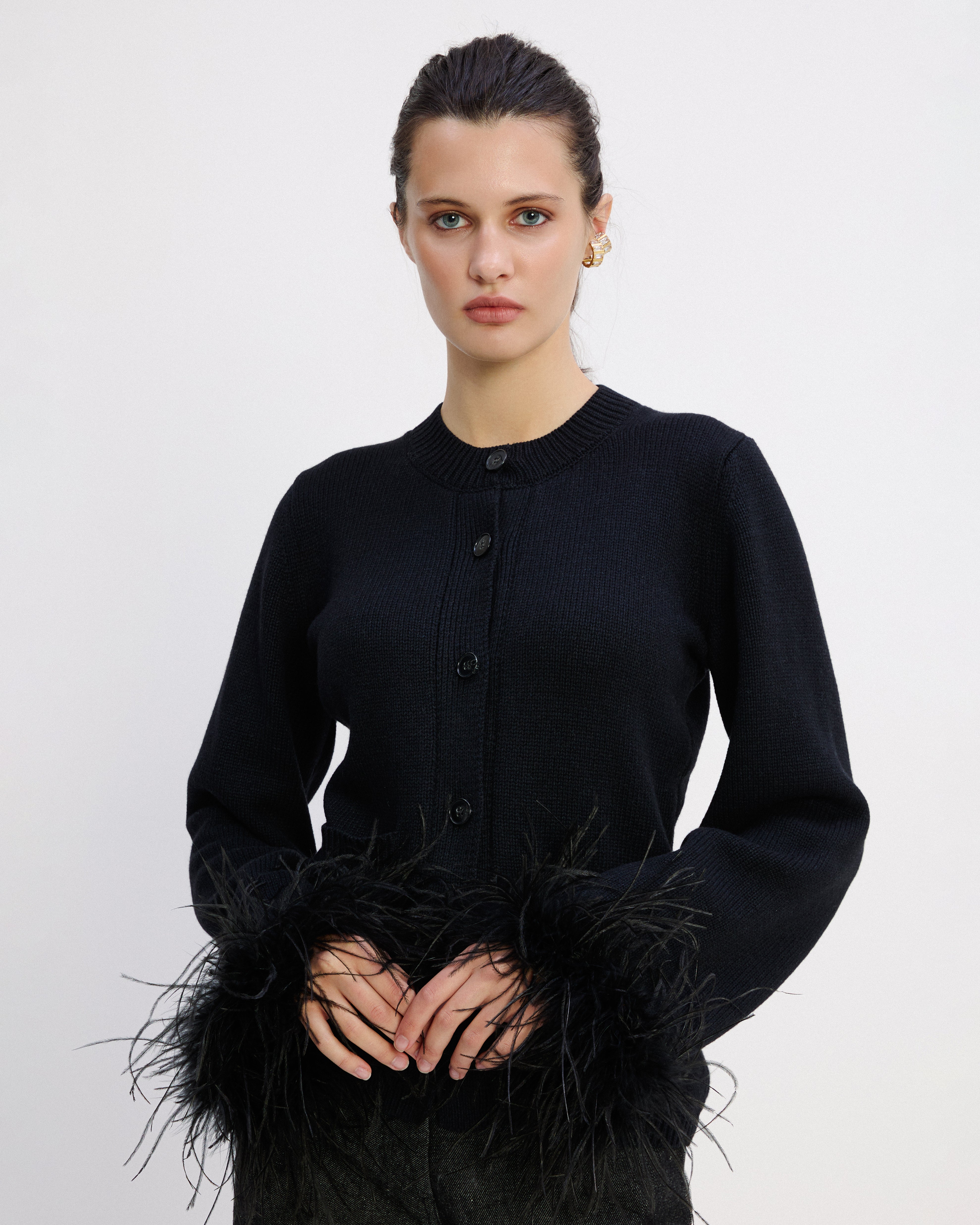 WOOL-CASHMERE BLEND CARDIGAN WITH FEATHERS