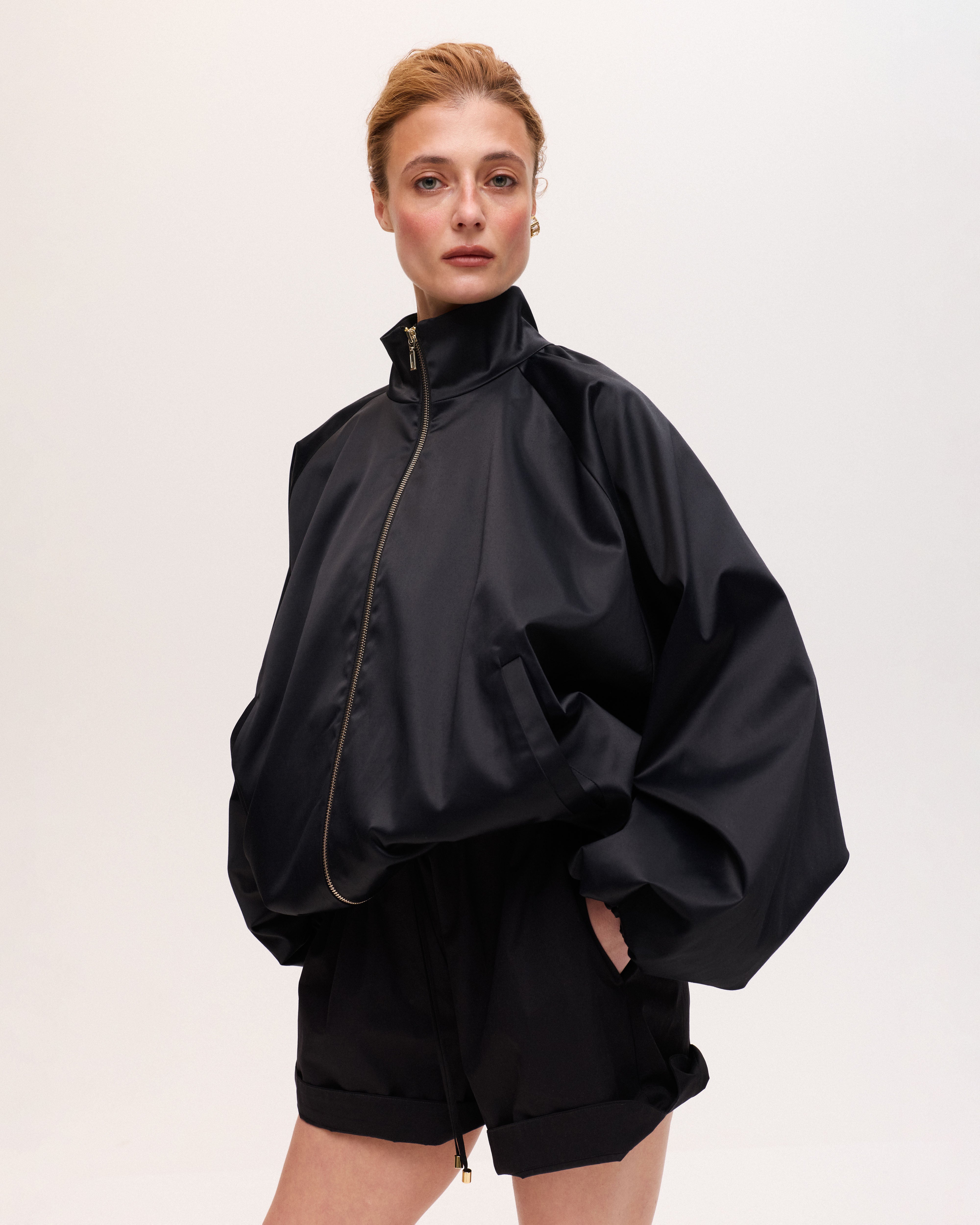 Black oversized stand collar jacket