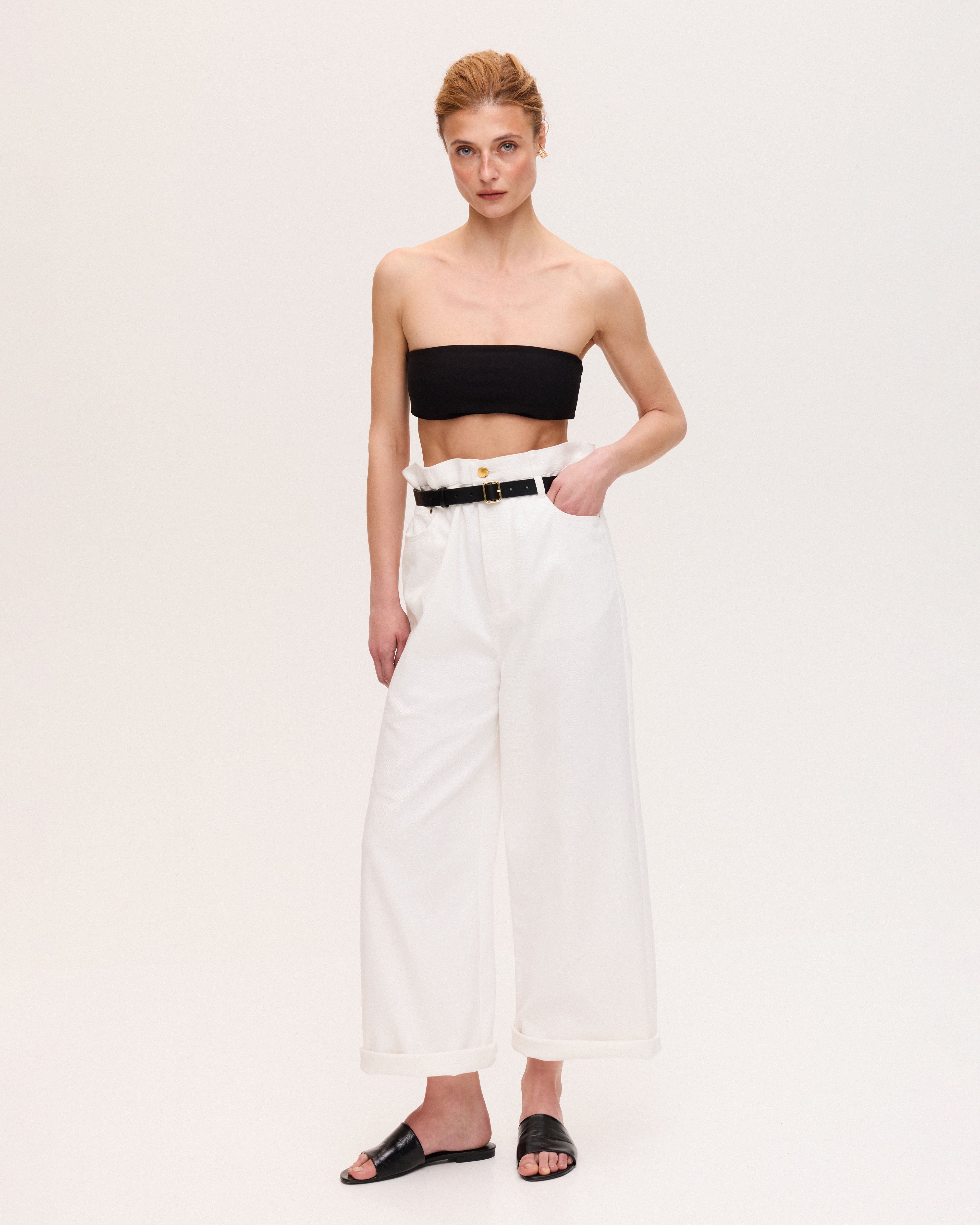 White paperbag waist jeans